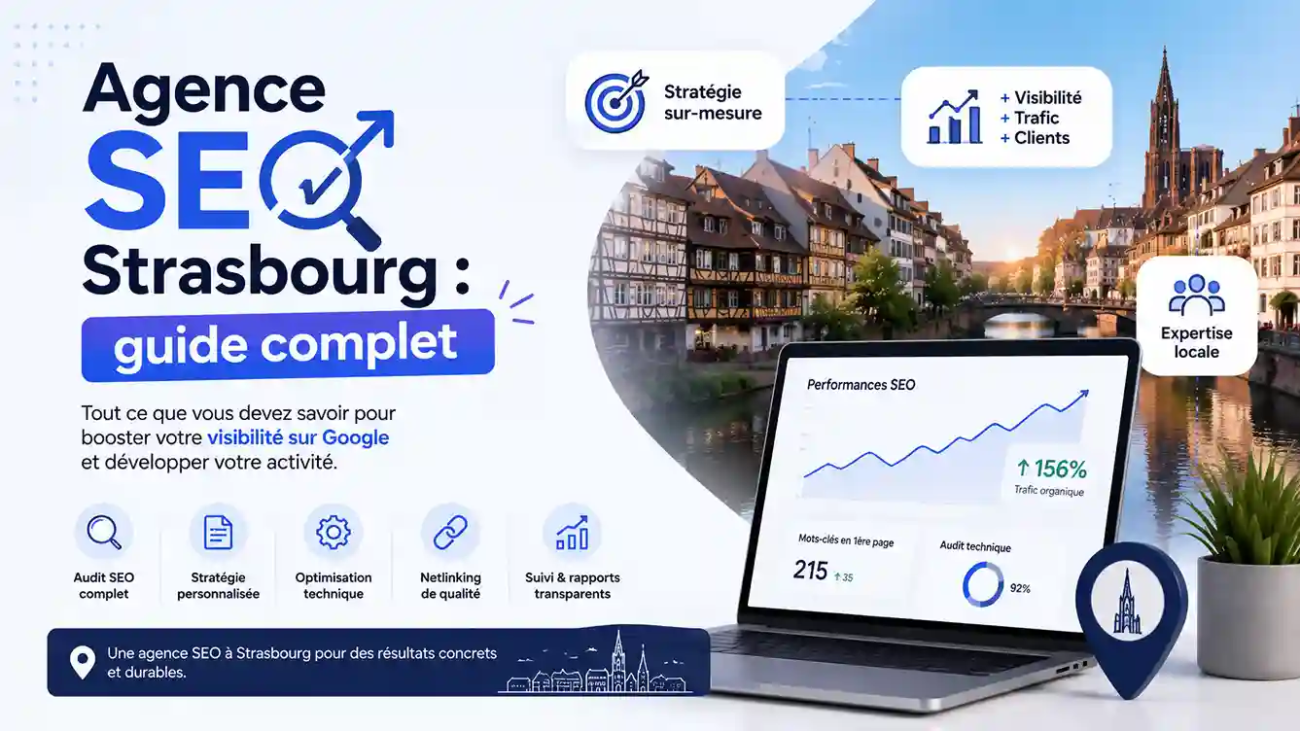 agence SEO à Strasbourg avec un tableau de bord de performances SEO, une vue de Strasbourg et les principaux services de référencement naturel pour améliorer la visibilité sur Google.