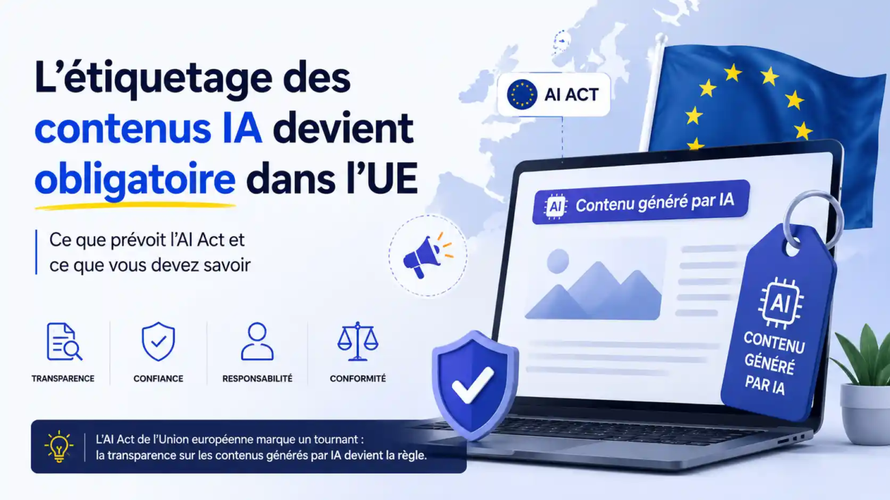 L'étiquetage des contenus IA devient obligatoire dans l'Union européenne : illustration de l'AI Act et des nouvelles règles de transparence applicables aux contenus générés par intelligence artificielle.