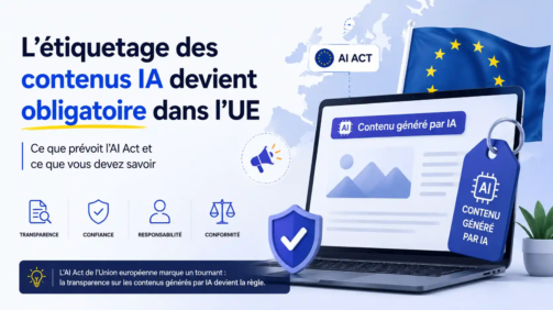 L'étiquetage des contenus IA devient obligatoire dans l'Union européenne : illustration de l'AI Act et des nouvelles règles de transparence applicables aux contenus générés par intelligence artificielle.
