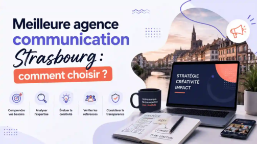 eilleure agence de communication à Strasbourg, avec une vue de Strasbourg et des éléments liés à la stratégie, la créativité et l'expertise marketing.