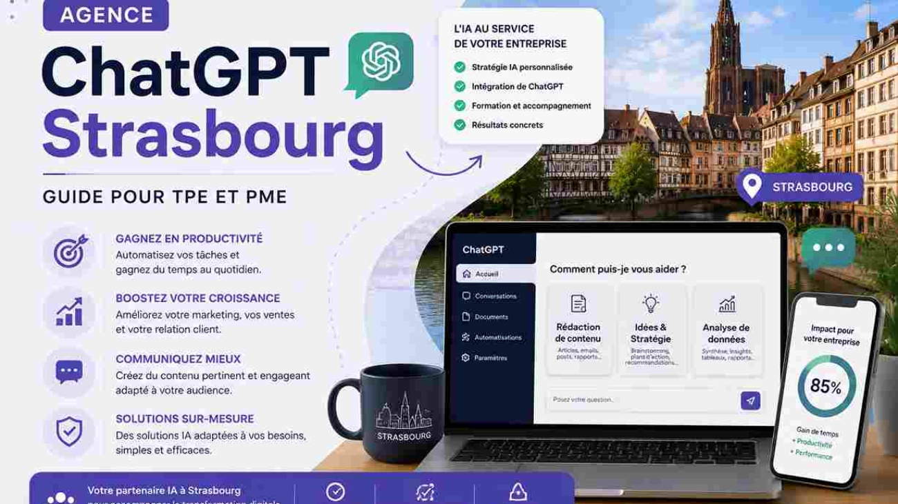 agence ChatGPT à Strasbourg accompagnant les TPE et PME dans l'intégration de l'intelligence artificielle, l'automatisation, la création de contenu et l'amélioration de la productivité.