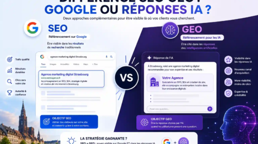 comparaison SEO traditionnel sur Google et le GEO (Generative Engine Optimization) pour les réponses générées par l'intelligence artificielle, afin d'expliquer leurs différences, leurs avantages et leur complémentarité.