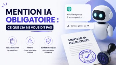 obligation de mentionner les contenus générés par intelligence artificielle, les règles de conformité, les risques juridiques et les bonnes pratiques pour respecter la réglementation sur l'IA.