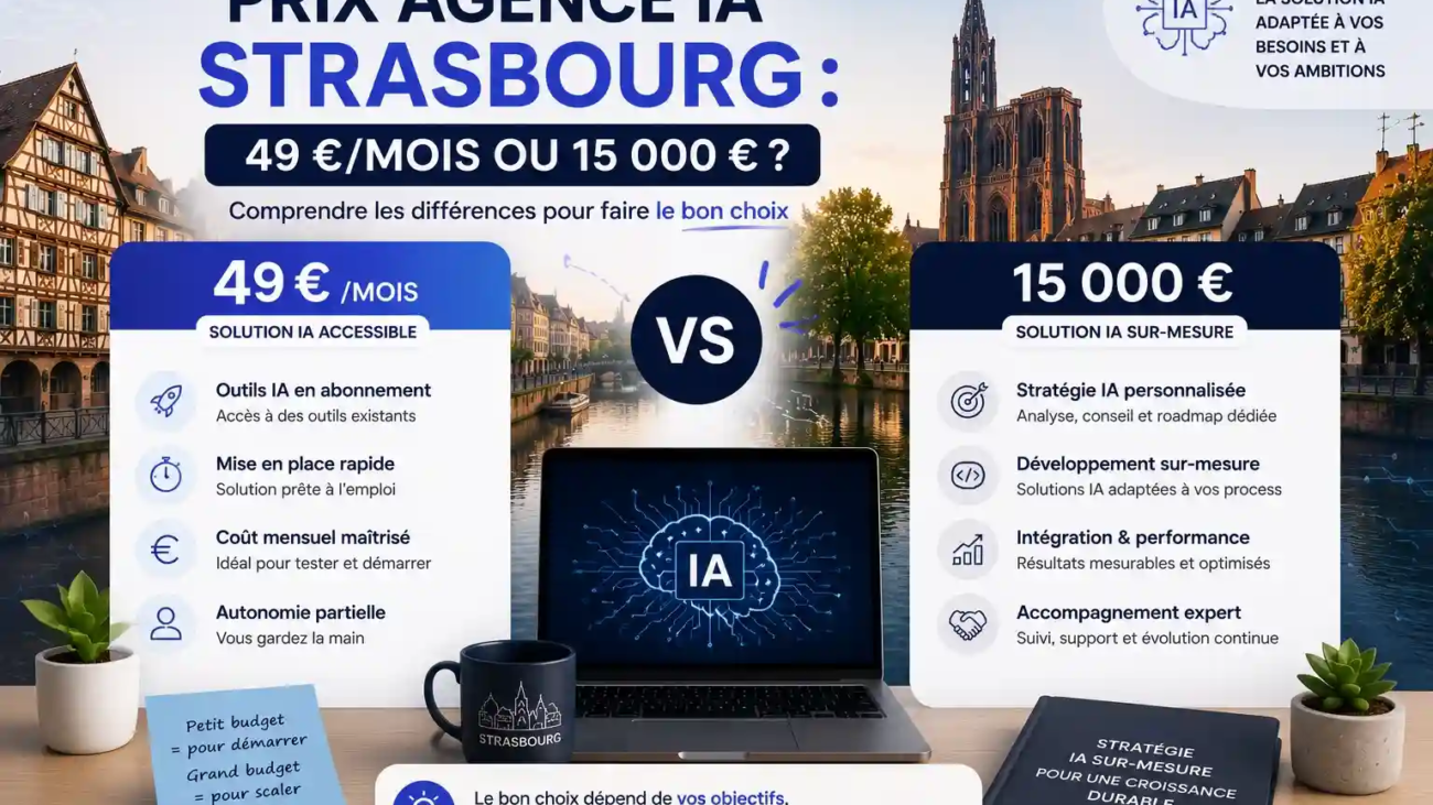 prix d'une agence IA à Strasbourg, entre une solution d'intelligence artificielle à 49 € par mois et un accompagnement IA sur mesure à 15 000 €, afin de comprendre les différences de services, de personnalisation et d'accompagnement.