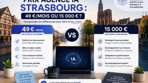 prix d'une agence IA à Strasbourg, entre une solution d'intelligence artificielle à 49 € par mois et un accompagnement IA sur mesure à 15 000 €, afin de comprendre les différences de services, de personnalisation et d'accompagnement.