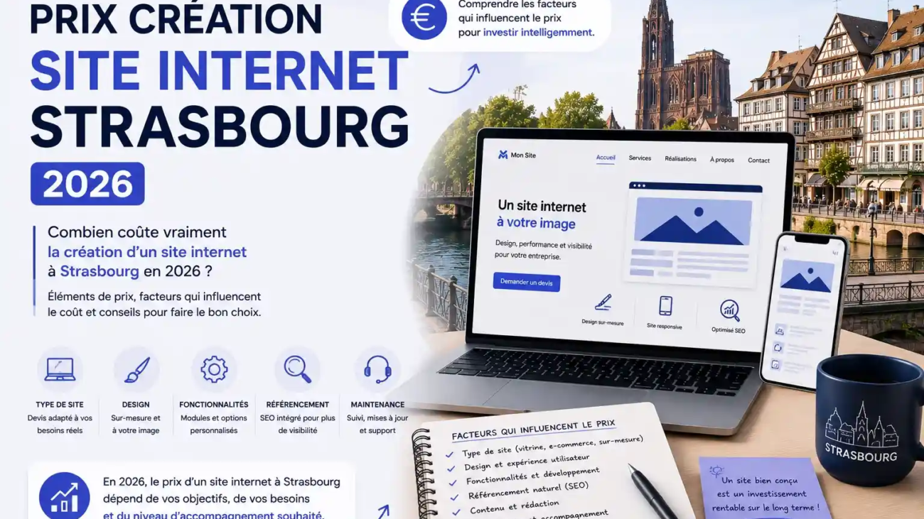 prix de création d'un site internet à Strasbourg en 2026 présentant les principaux facteurs qui influencent le coût d'un site web : design, fonctionnalités, référencement naturel (SEO), maintenance et accompagnement.