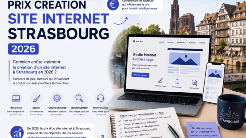 prix de création d'un site internet à Strasbourg en 2026 présentant les principaux facteurs qui influencent le coût d'un site web : design, fonctionnalités, référencement naturel (SEO), maintenance et accompagnement.