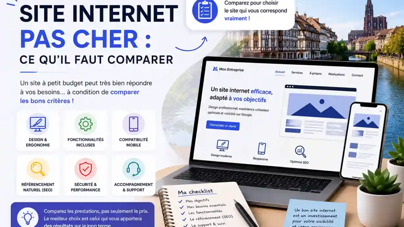 création de site internet pas cher : design, fonctionnalités, référencement naturel (SEO), compatibilité mobile, sécurité et accompagnement.